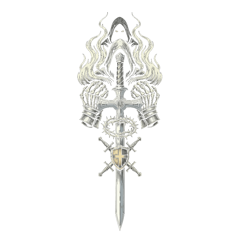 Ghost Ranger sigil — cruciform longsword wreathed in spectral smoke, gripped by armoured gauntlets, with crown of thorns and crossed swords at the base